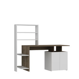 Hanah Home Mesa de Estudio Nogal y Blanco, Amplia Superficie y Estantería, 146.3x73.8x60cm